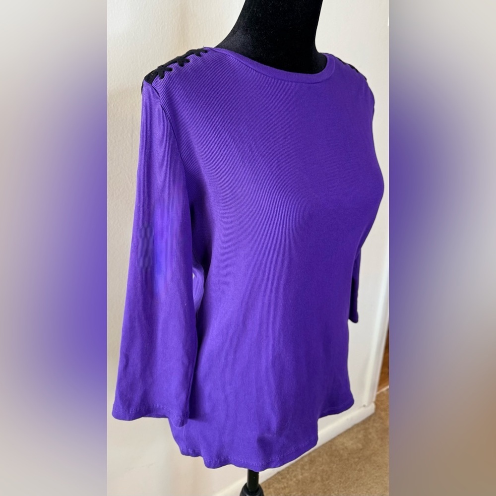 Lauren Ralph Lauren Purple Ribbed 3/4 sleeves shirt faux suede shoulder Lrg